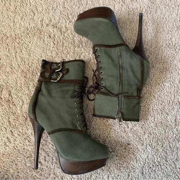 Army Green Platform High Heel Lace Up Booties, Size 7 - Picture 15 of 15